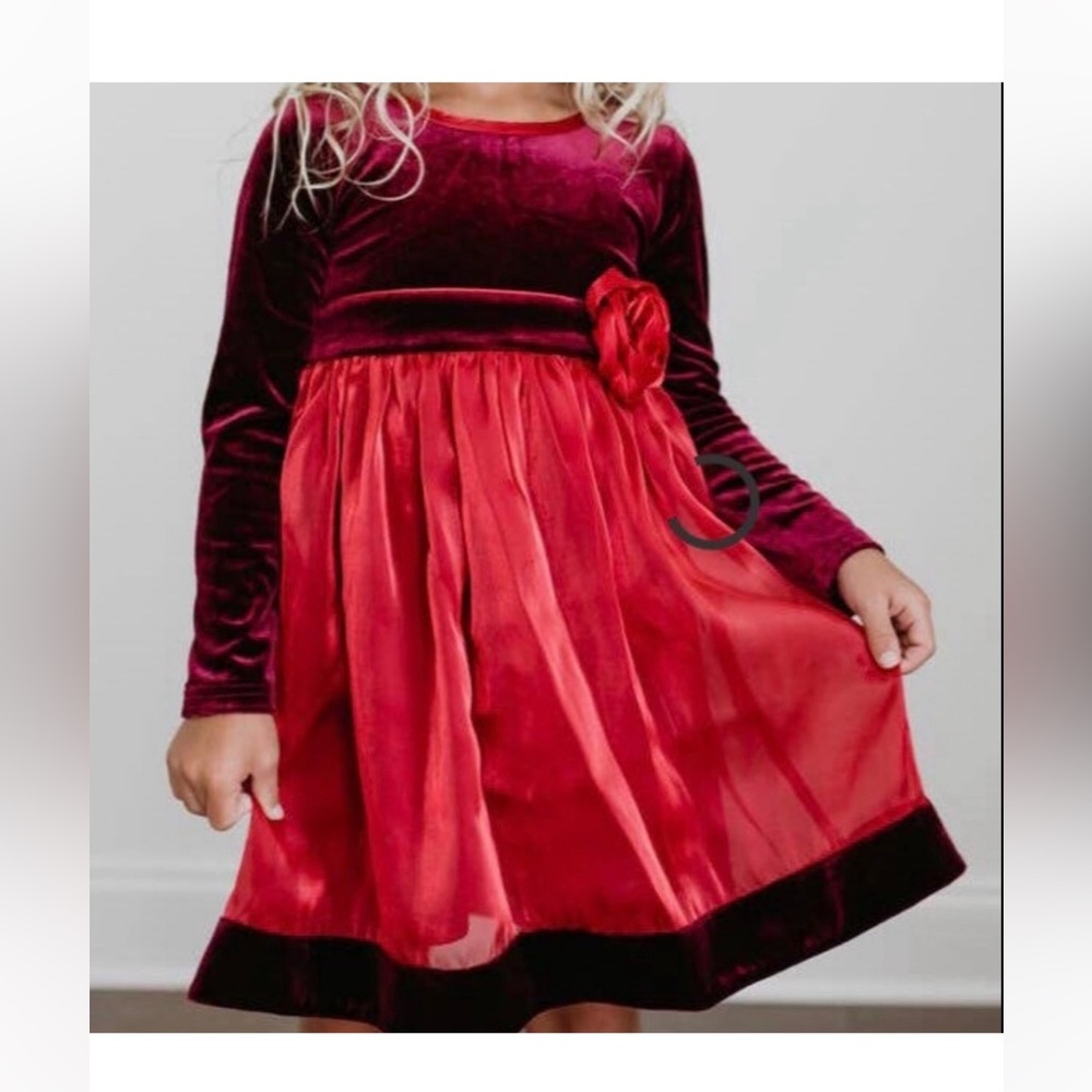 Girls' Red Velvet & Satin Occasion Dress with Rosette